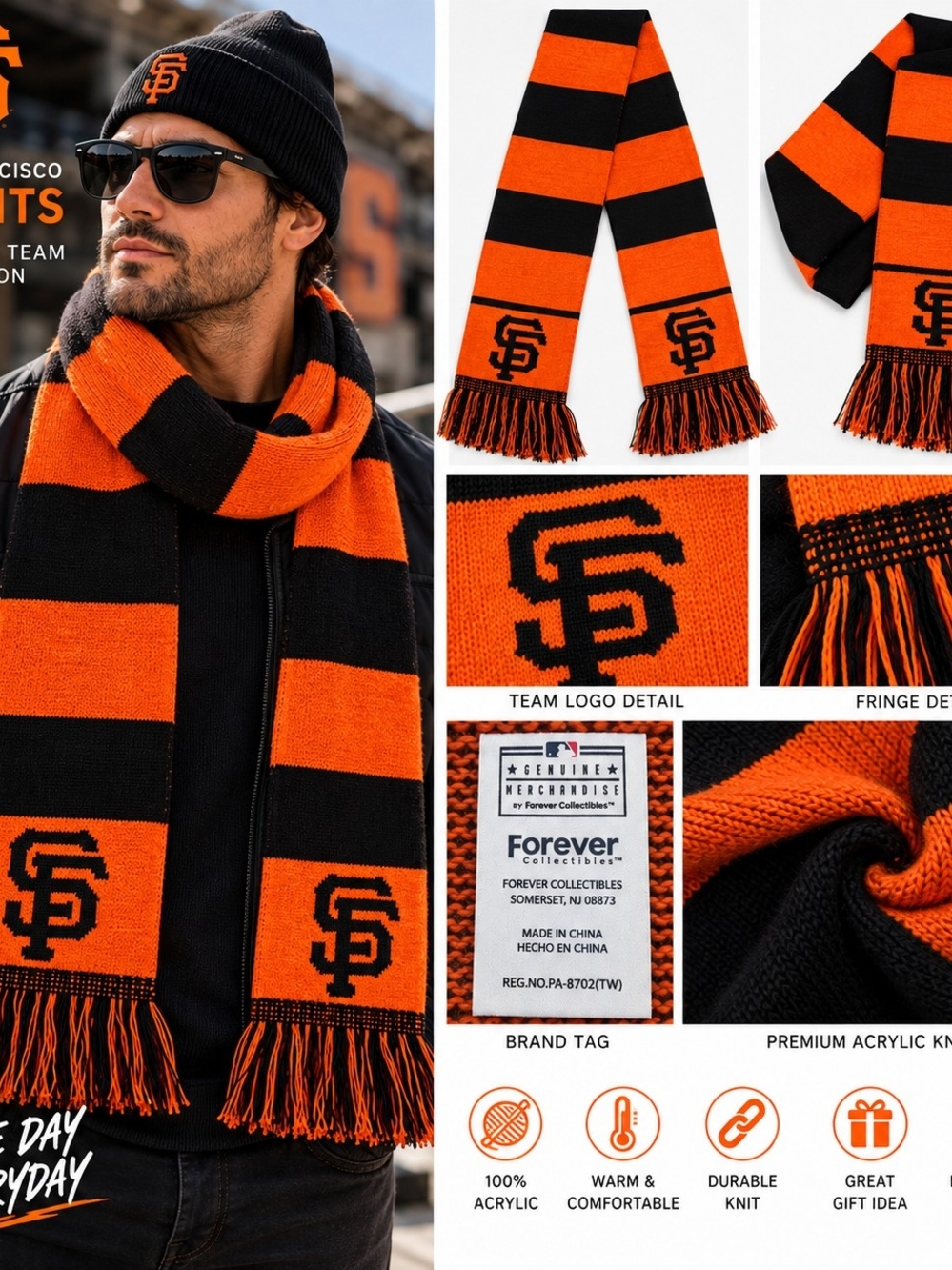 Forever Collectibles Black and Orange Striped Knit Scarf with Team Logo